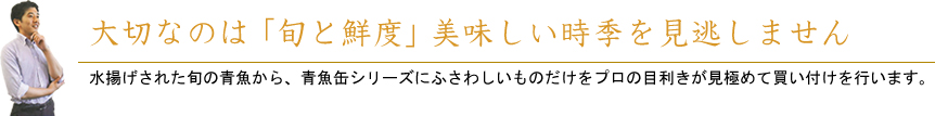 大切なのは「旬と鮮度」美味しい時季を見逃しません。水揚げされた旬の青魚から、青魚缶シリーズにふさわしいものだけをプロの目利きが見極めて買い付けを行います。